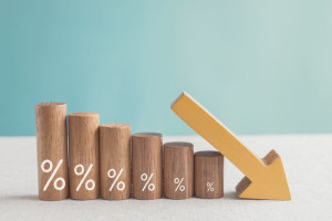 Wooden blocks with percentage sign and down arrow, financial rec